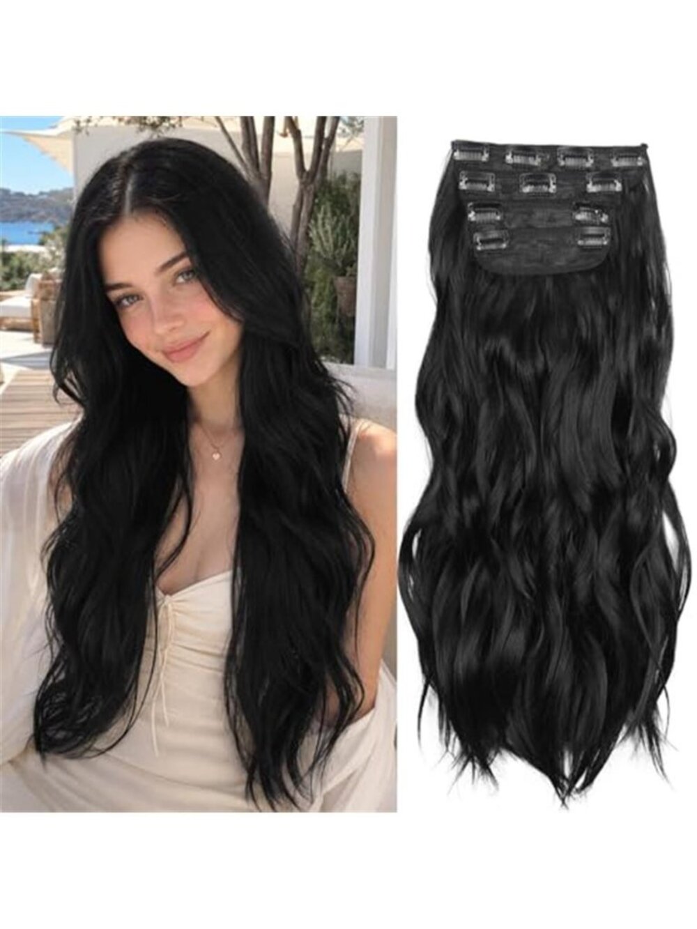 Black 20 Inch Thick Hairpieces Long Wavy Natural Synthetic Clip in Hair